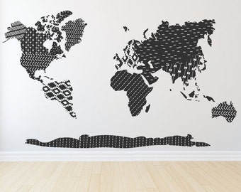 Map wall decal, vinyl decal map, world map decal, black patterned world map decal, world map decor, office wall decals, world map vinyl