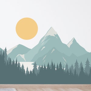 Mountain Wall Decal - Neutral Blue Green Forest Nursery Wall Decor - Peel and Stick Wall Decal - Mountain Wall Mural - Sunset Lake Mountain