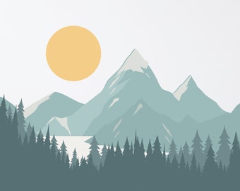 Mountain Wall Decal - Neutral Blue Green Forest Nursery Wall Decor - Peel and Stick Wall Decal - Mountain Wall Mural - Sunset Lake Mountain