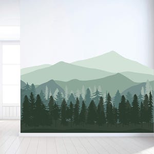 Mountain Wall Decal - Pine Forest Wall Mural - Nursery Wall Decal - Peel and Stick Wall Mural