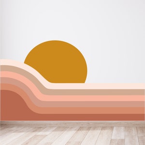 Retro Sunset Wall Decal, 70s Landscape Stripe Wall Art, Boho Modern Accent Wall