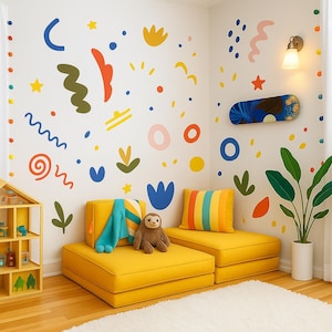 Juego de calcomanías de pared con formas abstractas • Decoración colorida para cuarto de juegos • Adhesivos de tela despegables y adhesivos