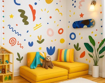 Abstract Shapes Wall Decal Set • Playroom Colorful Nursery Decor • Peel & Stick Fabric Stickers