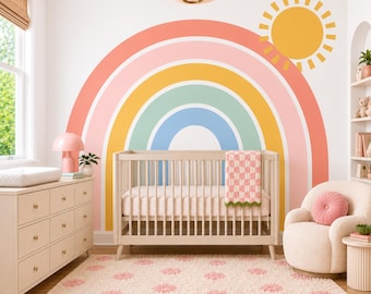 Verwijderbare muurstickers met pastelkleuren, zonneschijn en regenboogmotief voor de kinderkamer of speelkamer.
