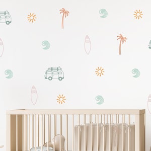 Ocean Wall Decals, Surf Wave Retro van Ocean Wall Decals, Palm Tree Decals, Sun Wall Decals, Sunset Colors Beach Room Decals