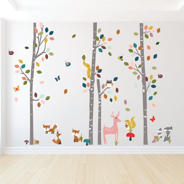 Forest animals - wall decals - boho pattern birch tree decals