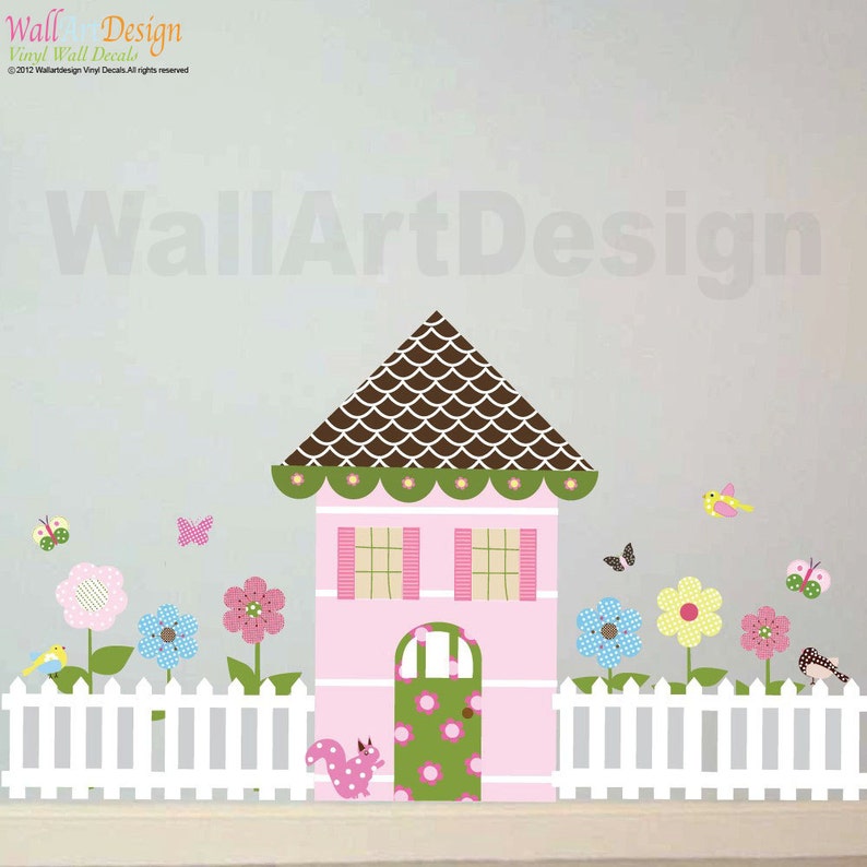Girls Dollhouse Set Butterflies Flower Birds Picket Fence Vinyl Wall Sticker Art Design image 1