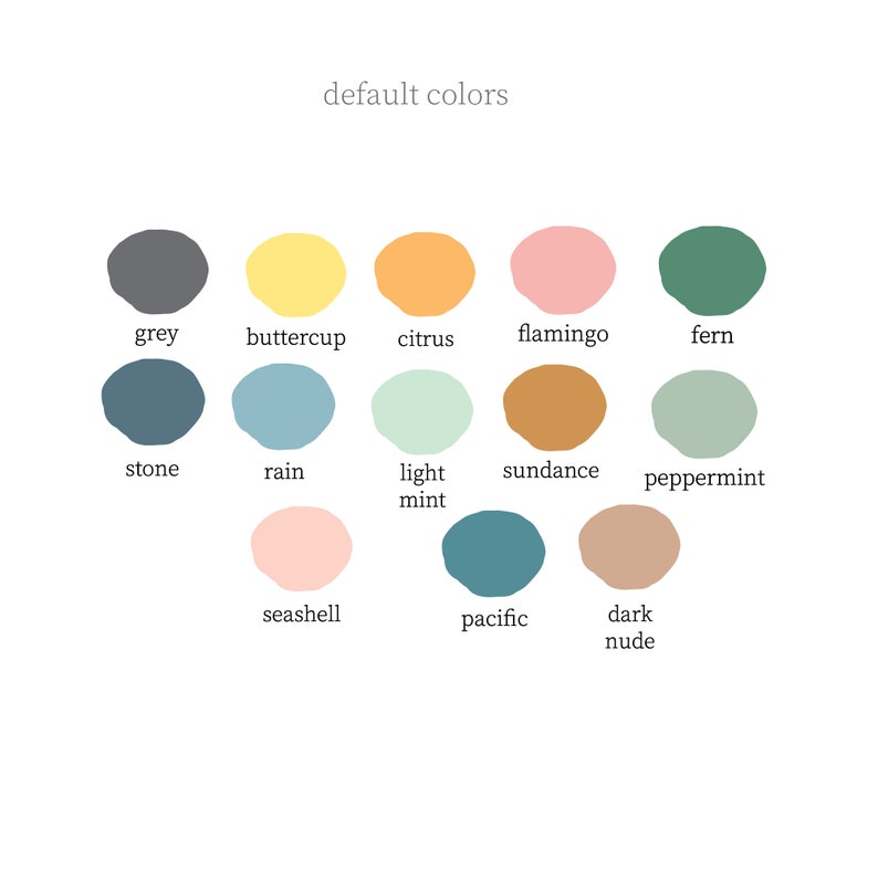 Puede incluir: Una paleta de colores con 12 colores diferentes, incluyendo gris, bot&oacute;n de oro, c&iacute;tricos, flamenco, helecho, piedra, lluvia, menta clara, sundance, menta, concha, pac&iacute;fico y nude oscuro.