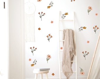 Vinilos decorativos de estilo bohemio: pegatinas florales en mostaza y arcilla, removibles, ideales para la habitación del bebé o la sala de estar.