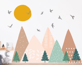 Boho Mountain Wall Decals, Removable Peel & Stick Wall Decals, Woodland Nursery Wall Decor, Kids Room Forest Wall Art