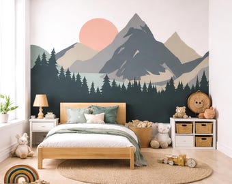 Wall Decals, Sunset Mountain Wall Decals • Layered Trees, Custom Colors, Vinyl/Fabric Options