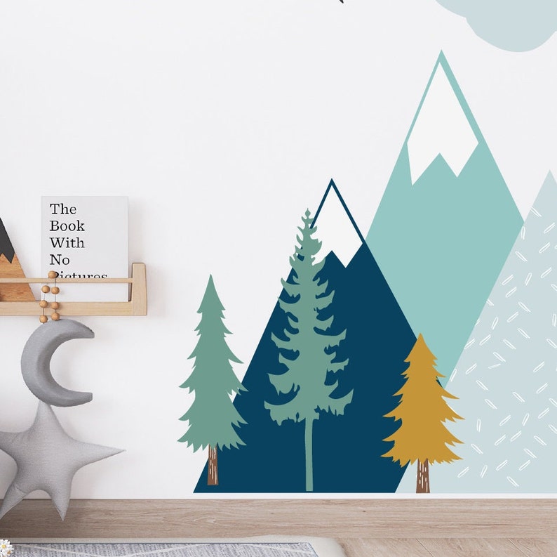 Mountain Wall Decals Teal Aqua Mustard Colored Nursery Etsy