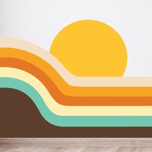 Adesivo da parete - Classico murale a strisce retrò - Adesivi da parete staccabili e attaccabili - Marrone Arancione Acquamarina - Anni '70 - Decorazione per la cameretta dei bambini