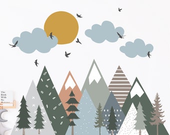 Custom Wall Decal, Boho Forest Mountains Mural