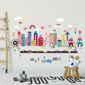 Rainbow city wall decal - Seattle wall sticker mural for kids room, gender neutral decor, wall stickers nursery, rainbow wall decal