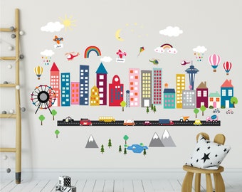 Rainbow city wall decal - Seattle wall sticker mural for kids room, gender neutral decor, wall stickers nursery, rainbow wall decal