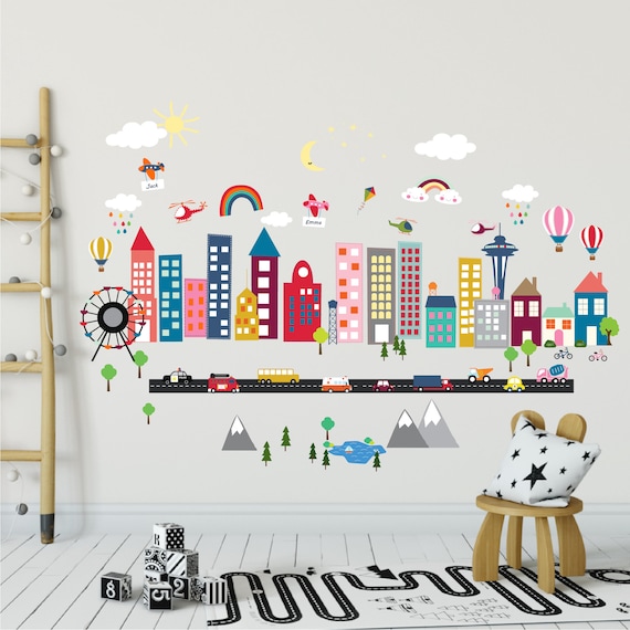Rainbow city wall decal - Seattle wall sticker mural for kids room, gender neutral decor, wall stickers nursery, rainbow wall decal
