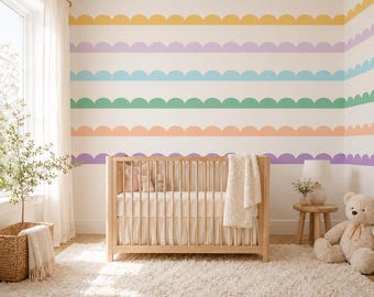 Muurstickers met geschulpte rand en strepen | Verwijderbare zelfklevende muurstickers | Muurdecoratie voor de babykamer | Muurstickers voor de kinderkamer