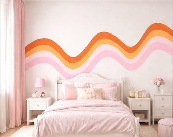 Retro Wavy Stripe Wall Decal, Colorful Rainbow Wall Art Sticker, Nursery Decor
