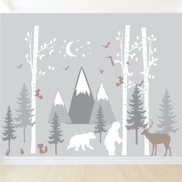 Forest Wall Decal ,Pine Tree Wall Decal, Mountain Wall decal, Nature Room Decor, Kids Room Wall Decal, Black Bear, Birch Trees