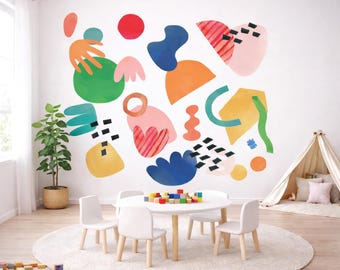 Abstract Wall Decals for Kids Room, Colorful Shape Wall Stickers, Modern Playroom Decor, Peel and Stick Nursery Wall Decal
