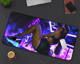 Alfombrilla de escritorio con chica anime fumando de forma provocativa - Estilo neón, club, hip-hop, arte japonés, alfombrilla para ratón gaming de 32x16