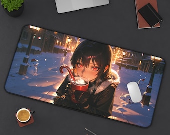 Tapete de escritorio con temática de anime "Vacaciones de invierno nevadas" - 81 x 40 cm / 56 x 30 cm - Base de goma antideslizante premium, impermeable, ergonómico, navideño, de temporada