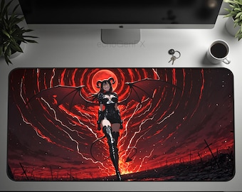 Alfombrilla de escritorio Succubus - "Crimson Ascendancy" - 32x16 / 22x12 - Base de goma antideslizante de primera calidad, impermeable, ergonómica, anime, fantasía oscura, terror
