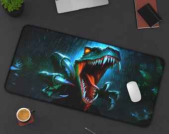 Alfombrilla de escritorio Velociraptor Ambush - 81 x 40 cm / 56 x 30 cm - Base de goma antideslizante premium, impermeable, ergonómica, dinosaurio, raptor, jurásico, turok