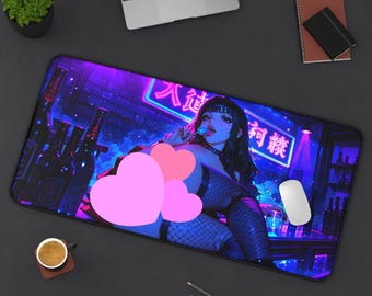 Alfombrilla de escritorio de chica anime con piruleta de neón - Estilo atrevido, gótico, club, bar, japonés, alfombrilla para ratón gaming de 32x16