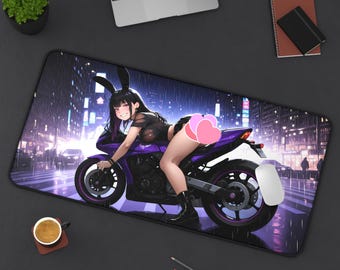 Alfombrilla de escritorio con diseño de chica anime con orejas de conejo - Atrevida, moto deportiva, motocicleta, Japón, neón, gótica, arte de estilo japonés, 32x16 pulgadas.