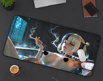 Alfombrilla de escritorio con diseño de chica anime gótica provocativa: bañera, onsen, fumando, arte de estilo japonés, 32x16 pulgadas.