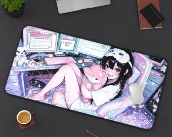 Alfombrilla de escritorio con diseño de chica anime en tonos pastel - 81 x 40 cm / 56 x 30 cm - Base de goma antideslizante premium, impermeable, ergonómica, estética, de peluche, alfombrilla para ratón