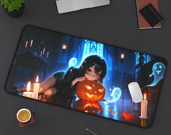 Tapete de escritorio con temática de anime de Halloween espeluznante - 81 x 40 cm / 56 x 30 cm - Base de goma antideslizante premium, impermeable, ergonómico, embrujado, fantasmas, temporada