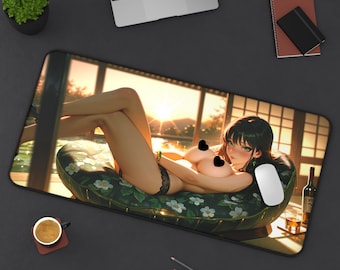 Lounging Anime Girl Desk Mat - Lewd, Japanese Waifu, Green Eyes 32x16 Gaming Mouse Pad