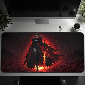 Infernal Battle Maiden Desk Mat - &quot;Inferna Nocturne&quot; - 32x16 | 22x12 - Premium, Waterproof, Ergonomic, Demonic Girl, Anime Warrior, Hell