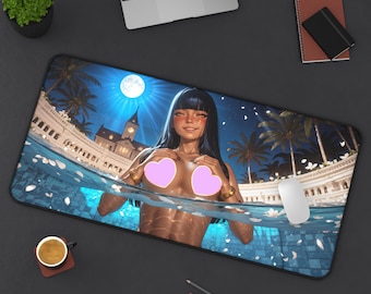 Alfombrilla de escritorio de anime con temática de chica nadando a medianoche - Mansión, bajo el agua, noche, luz de luna, piscina, arte de estilo japonés, 32x16 pulgadas.