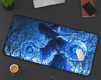 Tapete de escritorio con temática de anime de bruja esqueleto - 32x16 / 22x12 - Base de goma antideslizante premium, impermeable, ergonómico, invierno, nigromante, brujo
