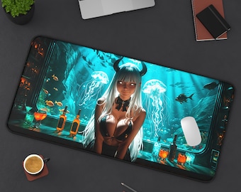 Alfombrilla de escritorio de chica anime súcubo - Chica demonio lasciva, cabello blanco, bar submarino, fantasía gótica, estilo de arte japonés. Alfombrilla de ratón para juegos de 32x16.