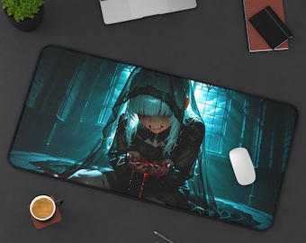 Alfombrilla de escritorio de chica anime de vampiro llorón - 81 x 40 cm / 56 x 30 cm - Base de goma antideslizante premium, impermeable, ergonómica, gótica, de terror y fantasía oscura