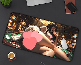Alfombrilla de escritorio con diseño de chica anime de casino atrevida - Póker, tragamonedas, pin-up, arte de estilo japonés, 32x16 pulgadas.