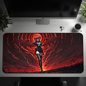 Succubus Desk Mat - &quot;Crimson Ascendancy&quot; - 32x16 | 22x12 - Premium Non-Slip Rubber Base, Waterproof, Ergonomic, Demon Girl, Blood Moon, Hell