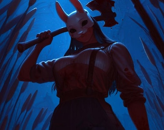 May include: Digital illustration of a person wearing a white bunny mask and holding an axe. The person is dressed in a white shirt, suspenders, and dark pants. The background is a dark blue with tall grass.
