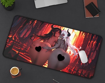Alfombrilla de escritorio Hermanas Súcubo - Dúo ardiente, lascivo, anime, demonio, infierno, alfombrilla de ratón para juegos de 32x16