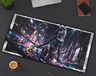 Alfombrilla de escritorio estilo anime "Asesina Chica Gato" - Cyberpunk, Katanas, Abstracto, Neón, Gótico, Arte de estilo japonés, 32x16