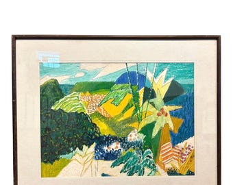 Disegno espressivo incorniciato di paesaggio tropicale a pastello ad olio di Molly J. Schiff