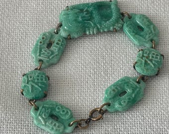 Tschechisches Jadeit-Peking-Glas-Skarabäus-Armband aus den 1940er Jahren, Vintage-Jade