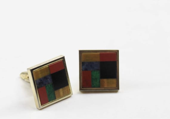 Vintage Gemstone Mens Cufflinks Stone Inlay Verme… - image 1