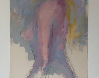Pastellzeichnung einer Figur im Stil der Midcentury-Moderne auf Papier