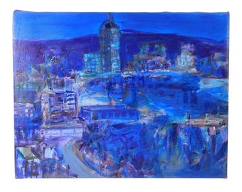 Molly Schiff 1970s Blue Tropics Landscape Painting Oil on Canvas
